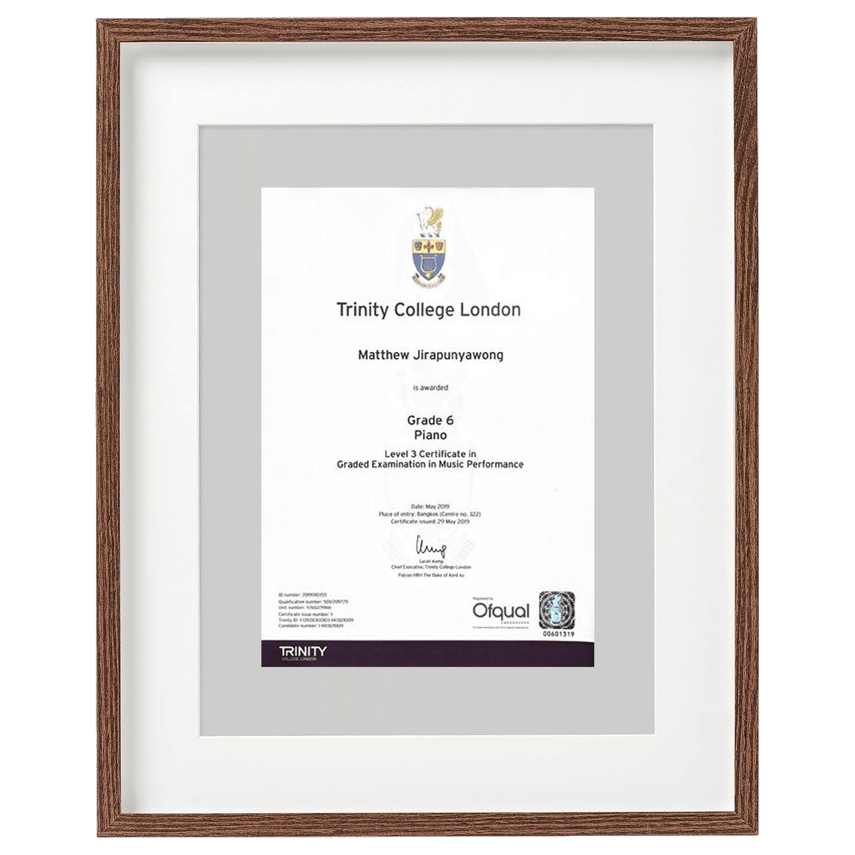 Trinity College London Piano — Grade 6 certificate